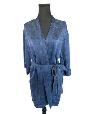August Silk Blue Floral Vintage Silk Robe Kimono Wrap Belted Lounge M Coastal
